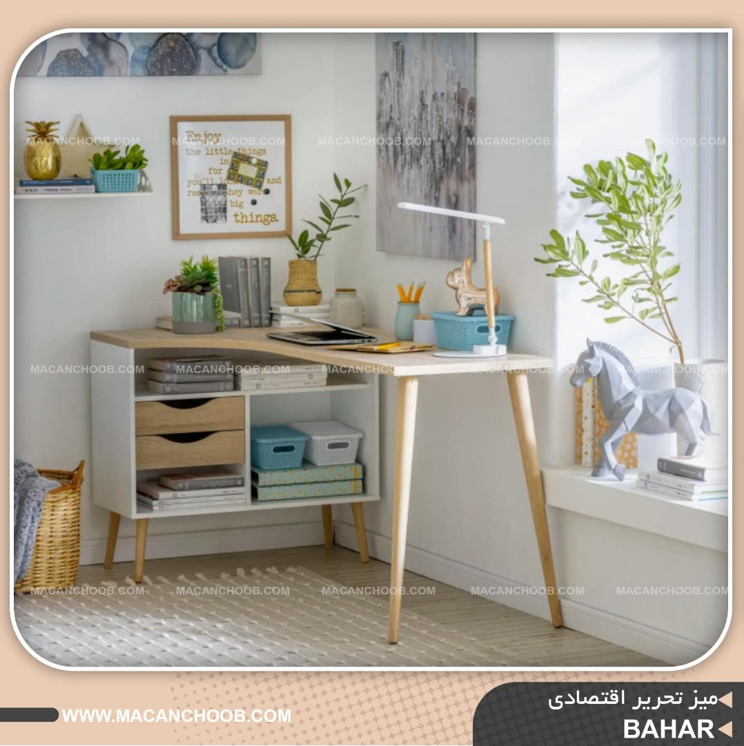میز تحریر و مطالعه ال شکل پایه چوبی حاشیه کرو شده کشو دار مدل BAHAR